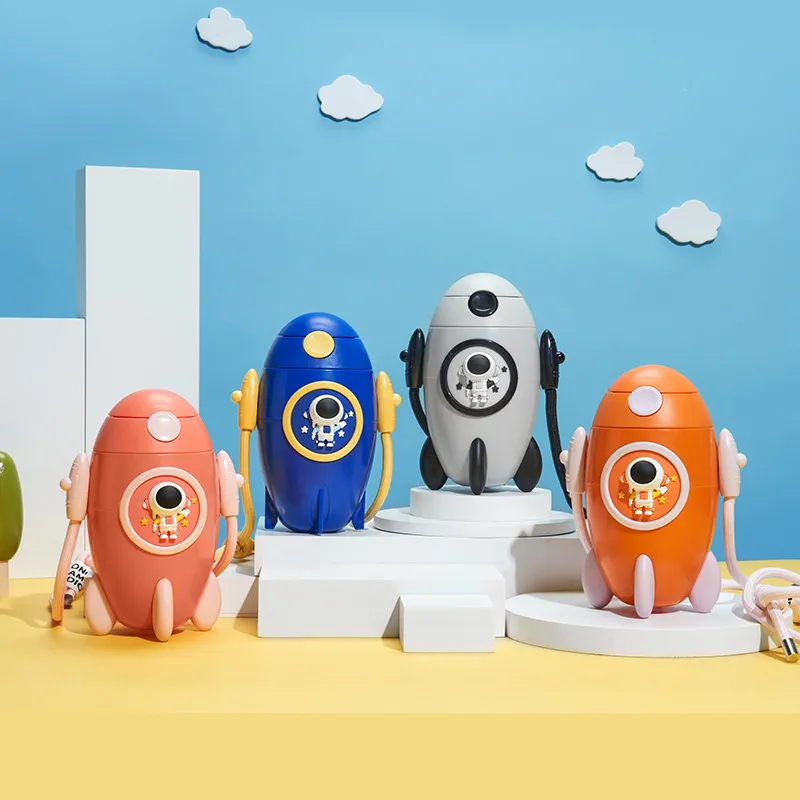 500ml Cute Rocket Style Children's Tritan Straw Water Bottle with Strap