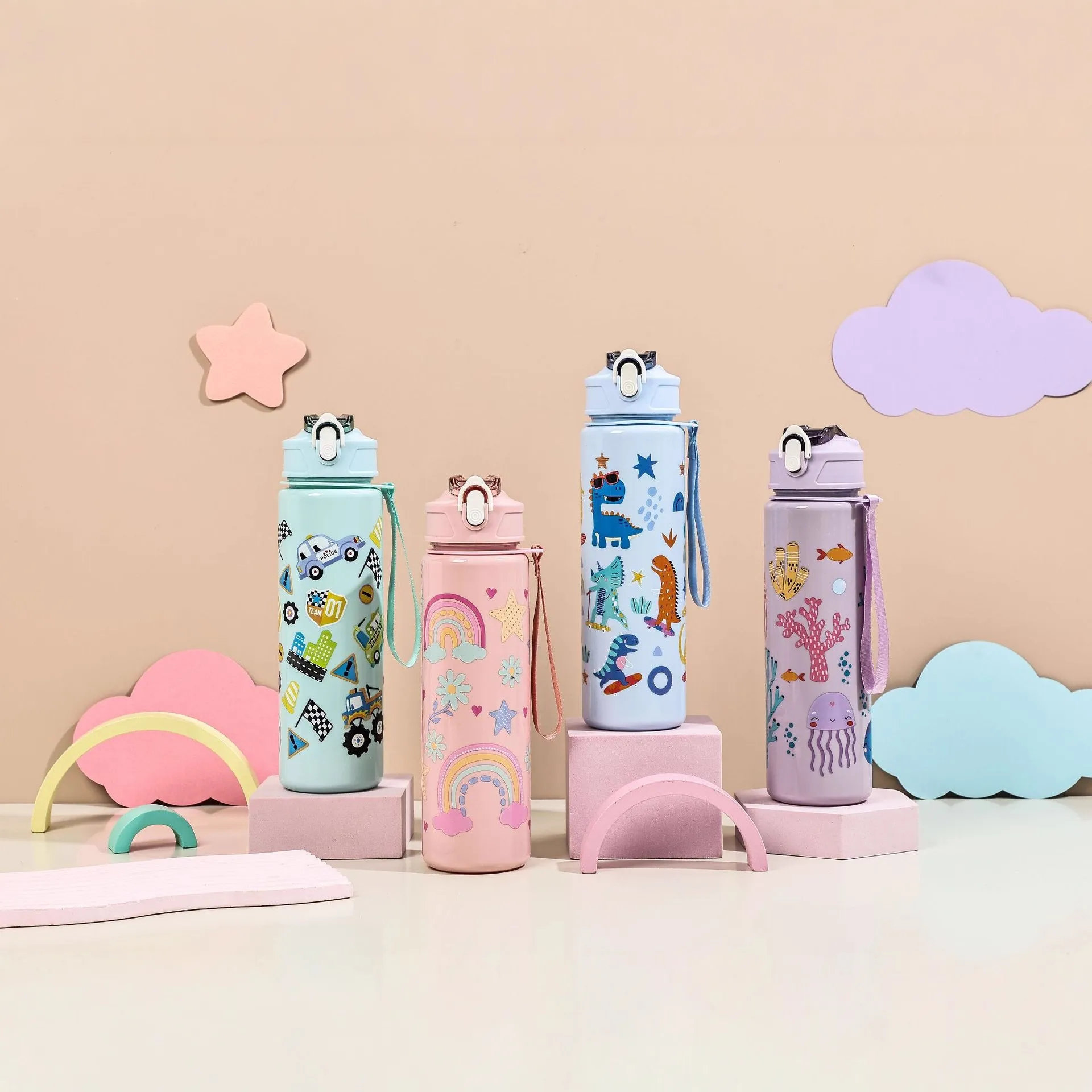 Cute Cartoon Flip-Top Straw Plastic Water Bottle with Carrying Strap