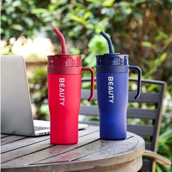 New Gradient Color Large Capacity Plastic Travel Tumbler with Handle and Straw