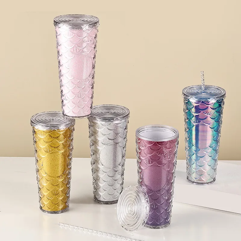 Dazzling Mermaid Scale Double-Wall Tumbler with Straw